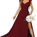 vintys Women's V Neck Bridesmaid Dresses Long with Slit Ruffle Sleeves A Line Chiffon Formal Evening Dress with Pockets VS039.3XL