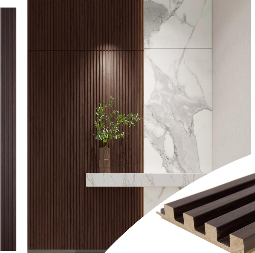 Art3d Slat Wood Wall Paneling for Interior and Ceiling Decoration - Pack of 4pcs + 1pc End-Trim, Size 108 x 5.7in.- Smoked Oak