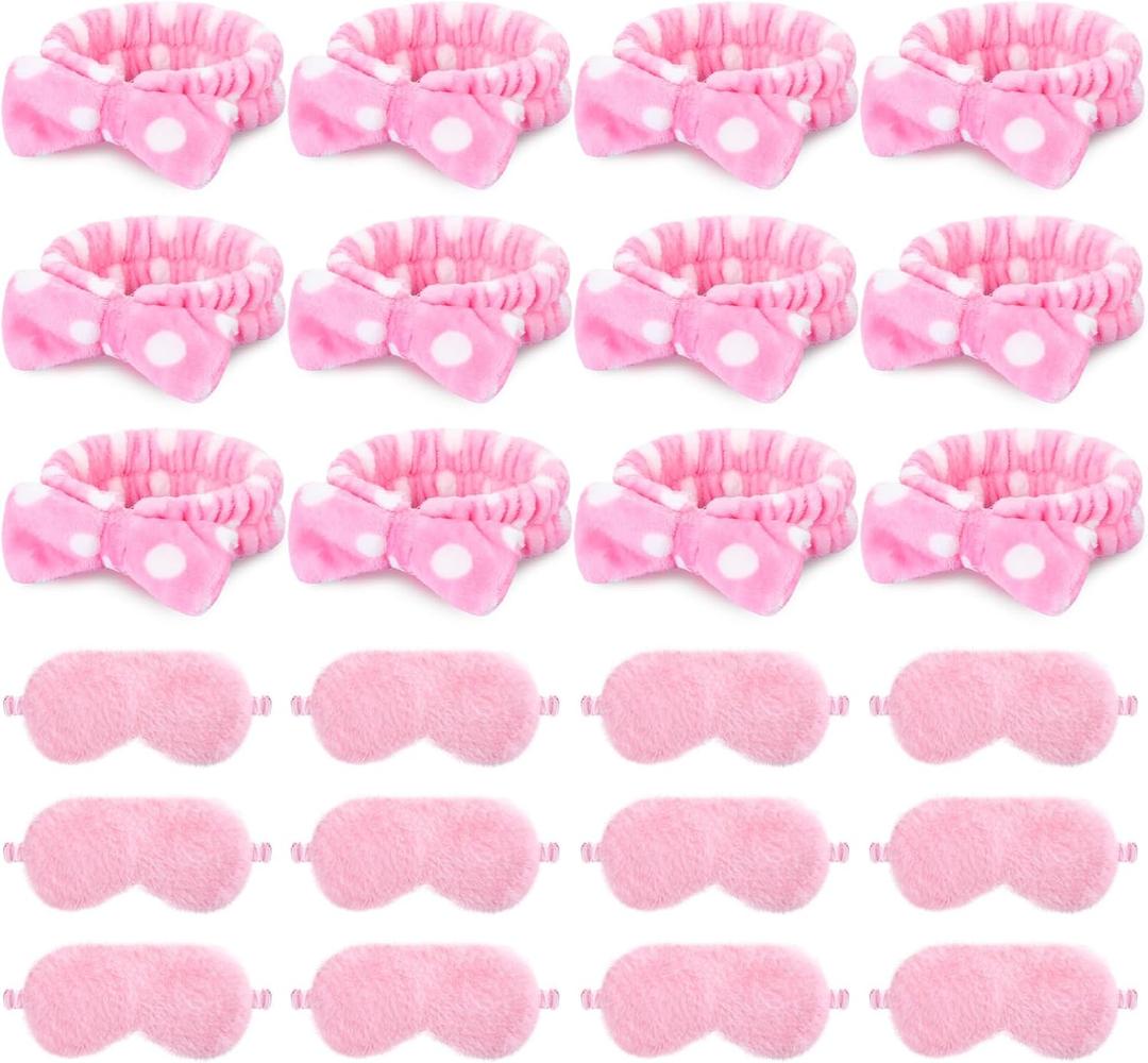 24 Pieces Sleepover Party Favors Spa Headband Sleep Eye Mask Bulk Pink Headband for Washing Face Bow Makeup Eye Mask for Spa Birthday, Bachelorette Party, Slumber Wedding
