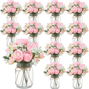 Zeyune 12 Sets Mason Jar Centerpiece Table Decorations, Artificial Peony Baby's Breath Flower Bouquets, Faux Flowers with Vase, Rustic Decor Gifts for Home, Wedding, Holiday (Light Pink)