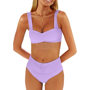 ANRABESS Bathing Suit for Women Tummy Control Bikini Set 2025 Beach Front Ruched Mid Waist Swimsuit with Adjustable Straps S