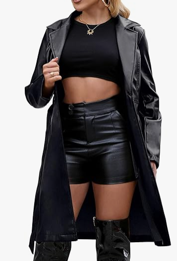 Leather Jacket Women Trench Coat Long Loose Button Jacket Open Front Motorcycle Coat with Belt Black For Women M 38
