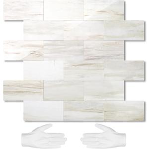 STICKGOO 10-Sheet Subway Tile Peel and Stick Wall Tiles, Seamless Design Polished Dolomite Kitchen Backsplash, PVC Stick on Tiles for Kitchen, Bathroom, RV, Fireplace