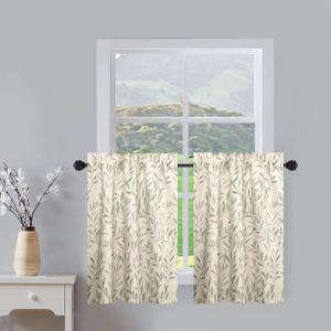 VOGOL Kitchen Curtains 24 Inch Length, Green Leaves Print Linen Texture Short Tier Curtains Rod Pocket Valances for Dining Room, 30 x 24, 2 Panels