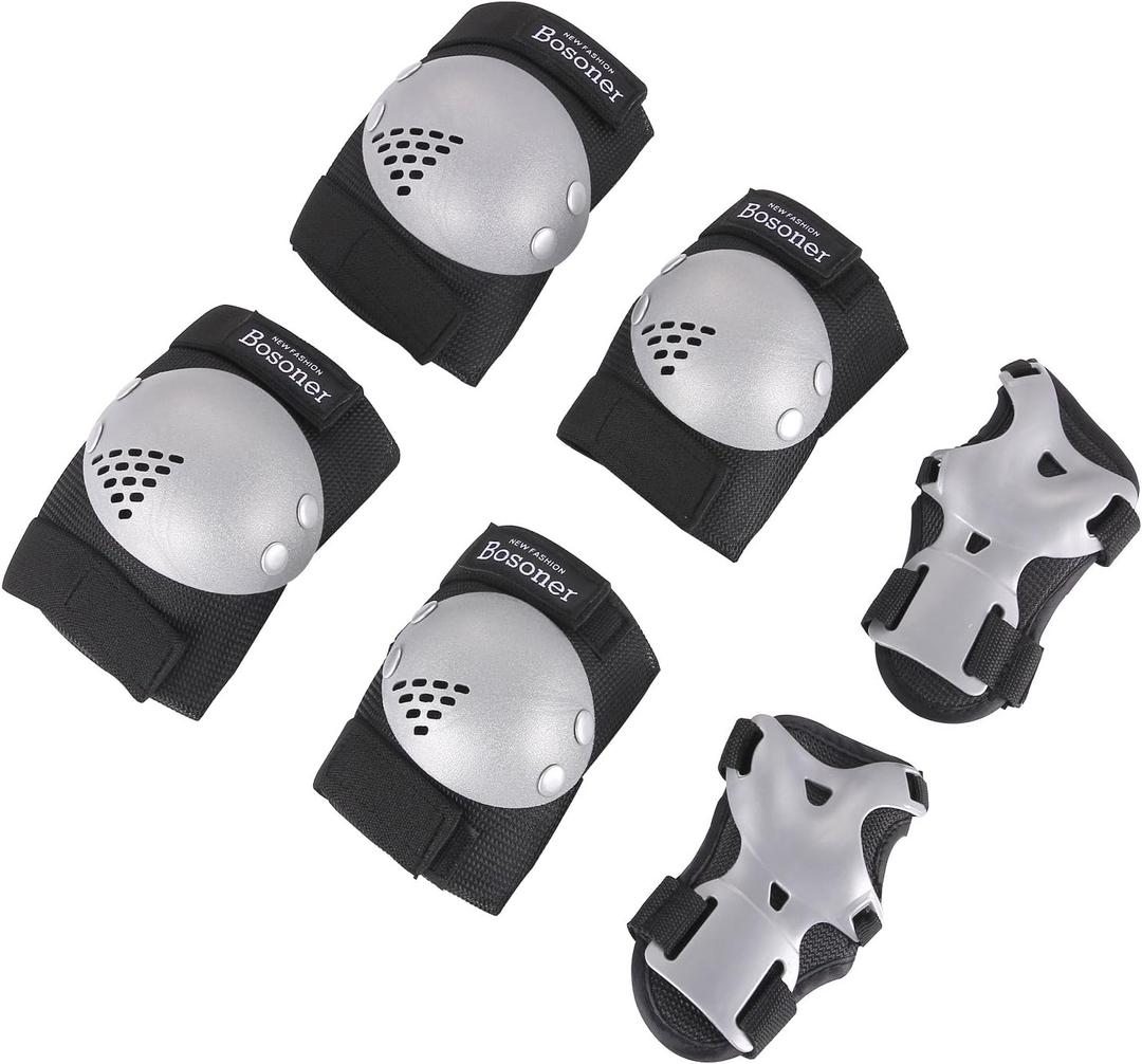 BOSONER Kids/Youth Knee Pads Elbow Pads Wrist Guards Set for 3-15 Years, Child Protective Gear Set for Roller Skates, Cycling, BMX Bike, Skateboard, Inline Skating, Scooter Riding Sports (Silver Black)