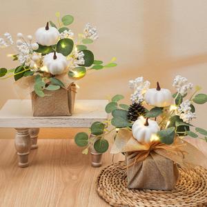 Janinka 2 Set 11 Inch Fall Decorations for Home White Pumpkins Eucalyptus Tables Centerpieces Artificial Pine Cones Berry Stem Picks Decor with 20 LED Lights for Autumn Thanksgiving Decorations