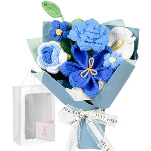Crochet Flower Bouquet Blue, Handmade Crochet Flowers Bouquet, Knitted Floral Gift for Her, with Gift Box, Bag and Card