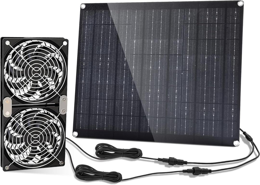 Solar Fan, 30W Solar Powered Fan with Dual IPX7 Waterproof Fans for Outside Chicken Coops, Greenhouses, Sheds, Intake or Exhaust Air Fan, Solar Ventilation Fan, Solar Exhaust Fan