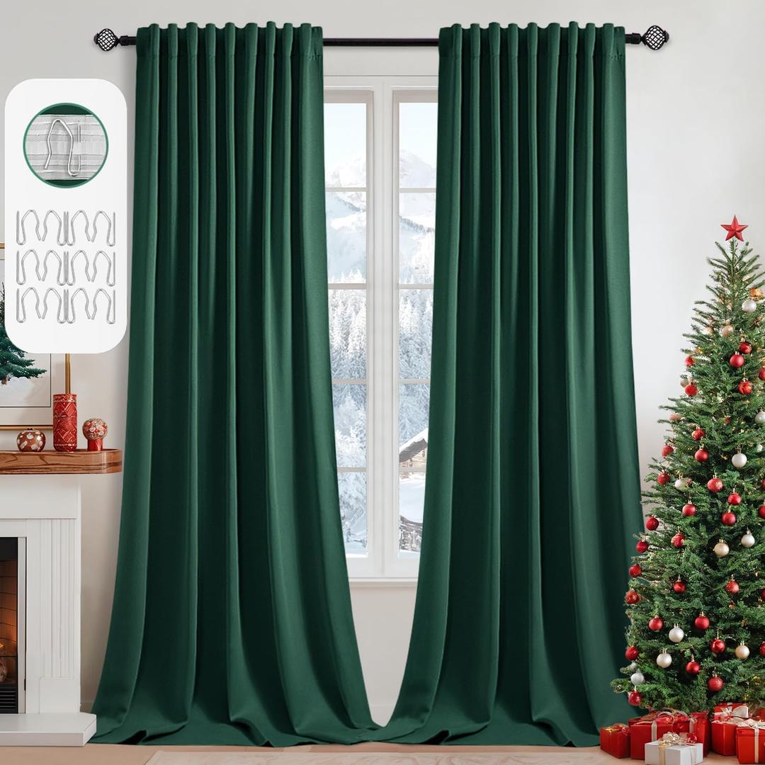 MIULEE Christmas Hunter Green Back Tab Blackout Curtains 108 Inch Long 2 Panels Set for Living Room Bedroom, Rod Pocket/Pinch Pleat Extra Long Thermal Insulated Room Darkening Pleated Window Drapes