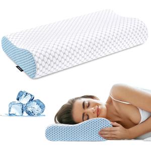 Cervical Neck Pillow for Pain Relief - Ergonomic Contour Memory Foam Pillows, Cooling Side Sleeper Pillow for Sleeping, Orthopedic Bed Pillow for Back Stomach Sleepers with Pillowcase (White & Blue)