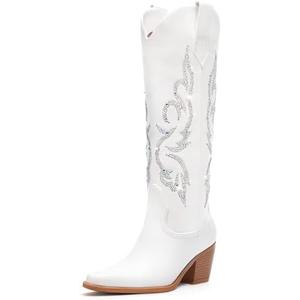 Platikly White Cowboy Boots for Women - Wide Calf Rhinestone Cowgirl Boots, Women Knee High Western Boots, Glitter Sparkly Ladies Tall Boots with Classic Embroidery and Side Zipper, Retro Classic Country Boots Pull On for Ladies Size 6,5