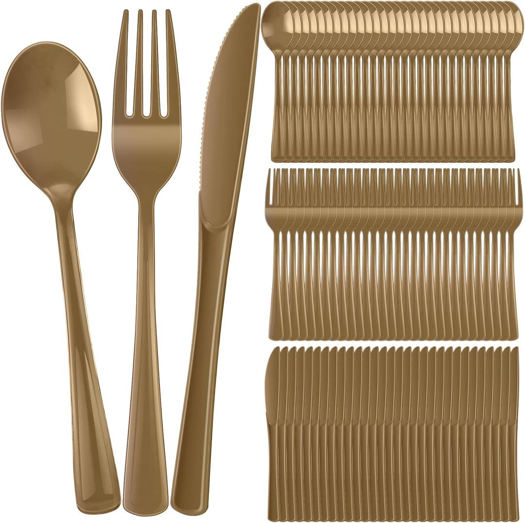 300 Pcs Plastic Silverware Heavy Duty Cutlery Set Plastic Utensils Set Includes 100 Disposable Spoons 100 Forks Knives for Parties Catering Family Gathering(Gold)