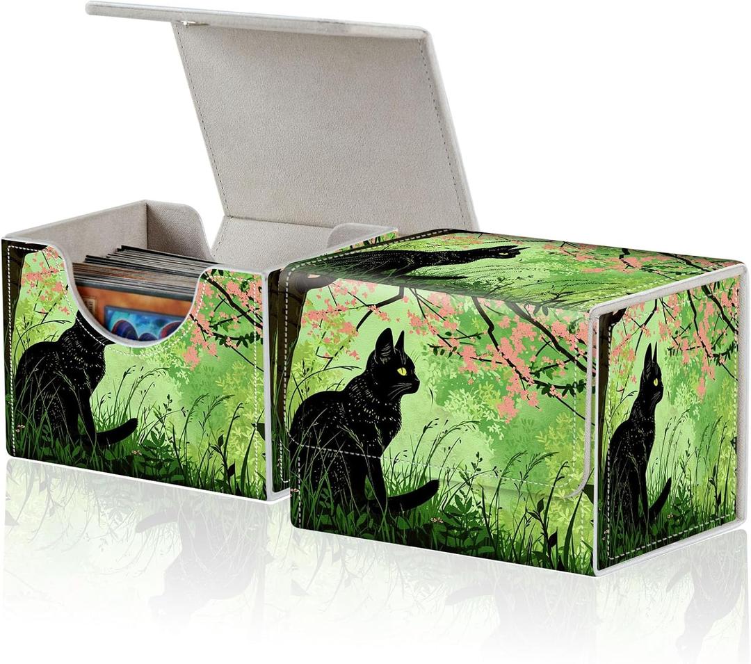 for MTG Commander Deck Box,Card Deck Box for Trading Yugioh MTG,Fits 100 Double Sleeved Cards,PU Leather Strong Magnet Case for Magic Commander TCG CCG,Green Black Cat