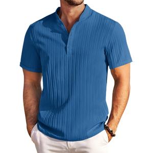 COOFANDY Men Casual Henley Tee Shirt Short Sleeve Band Collar Summer Beach Textured T-Shirt (XX-Large, Dark Blue)