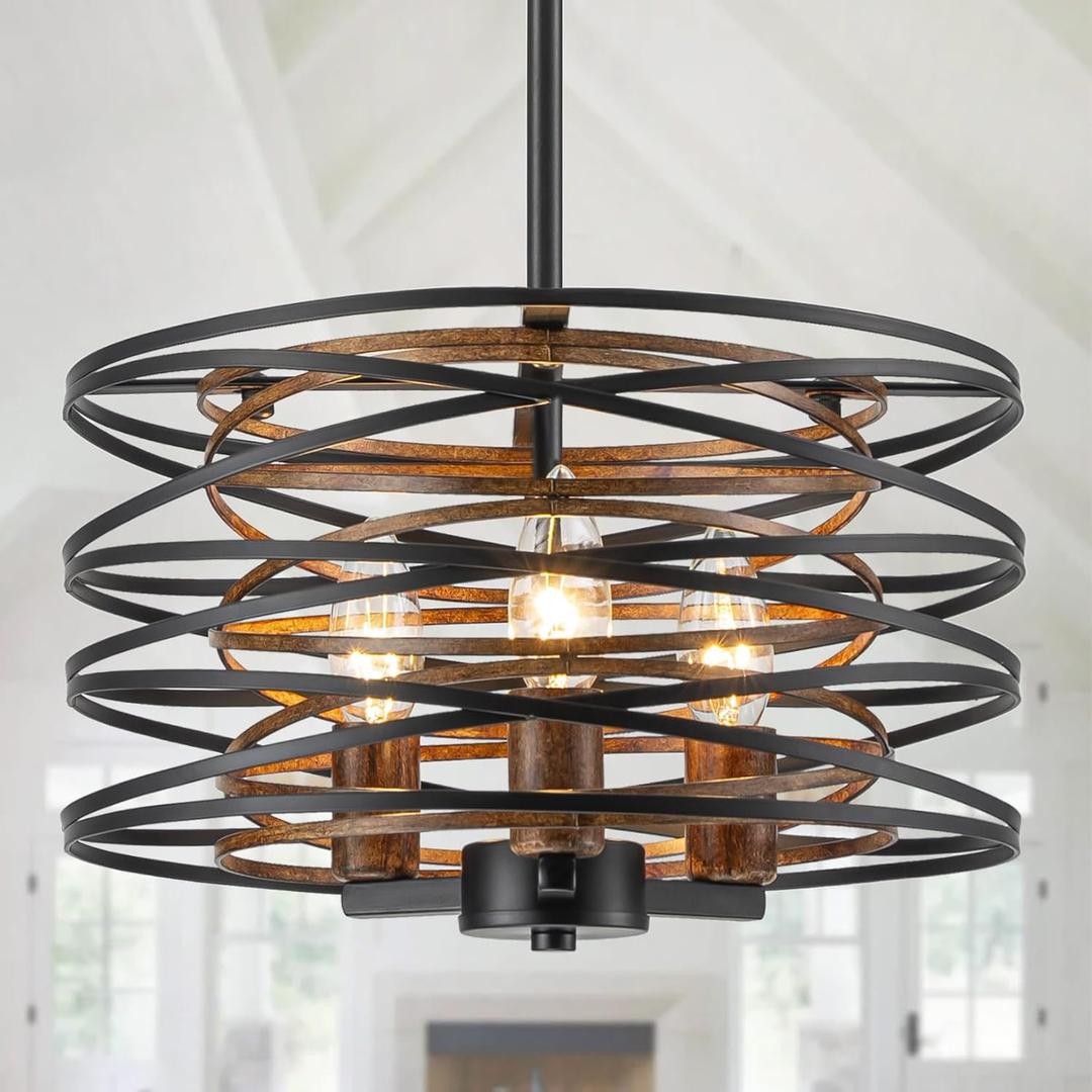 Bargeni Chandelier,13 Inch Dining Room Light Fixture,Matte Black Finish with Wood-Like Interior,Adjustable Height Farmhouse Chandelier for Kitchen Island,Bedroom,Living Room,Foyer