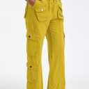 Cargo Pants for Women Low Rise Drawstring Waist 7 Pockets Hiking Work Wide Leg Pants with Zipper Button Closure (Small)