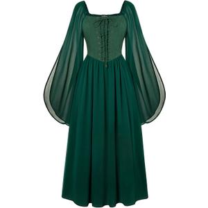 Scarlet Darkness Renaissance Costume Women Pirate Dresses Split Bell Sleeve Medieval Ren Faire Dress with Pockets (Green, S)