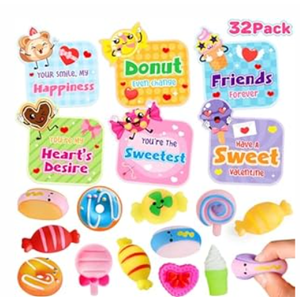 Valentines Day Gifts for Kids School, 32 Packs Kawaii Mochi Dessert Squishy Toys with Valentines Day Card for Girls Boys, Cute Fidget Squishy Toys for Classroom School Exchange Party Favors 
