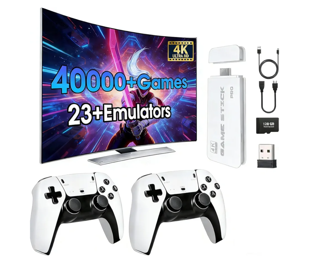 2026New Wireless Retro Game Console, 40000+Games and 23 Emulators, Plug and Play 4K HD HDMI TV Game Stick, with Dual 2.4G Wireless Controllers (128G) White