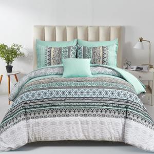 Boho Comforter Set Queen Size,8 Piece Bed in a Bag Sage Green Paisley Comforter and Sheet Set,Striped Bedding Set Soft Microfiber Complete Bedding Set