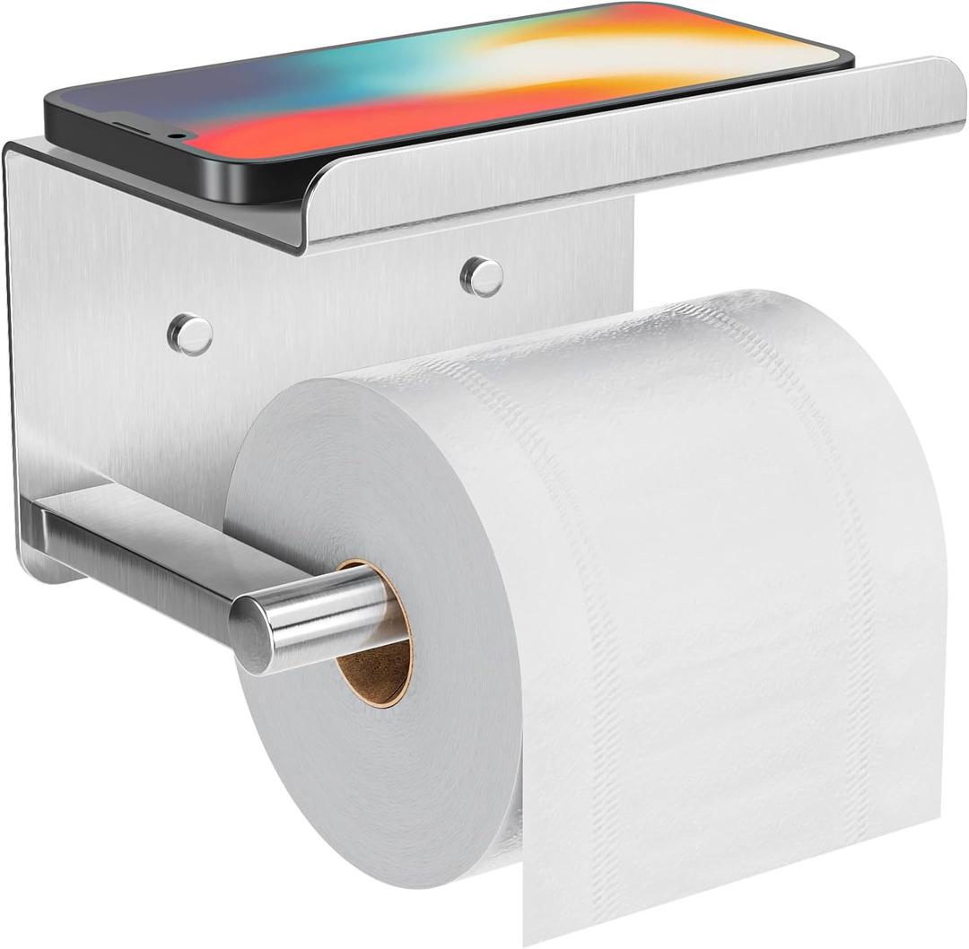 Self-Adhesive Toilet Paper Roll Holder - Wall Mount Or Adhesive Toilet Paper Holder with Shelf,Toilet Roll Holder, Tissue Holder for Bathroom,Wall Toilet Paper Holder, Stainless Steel,Chrome (Silver)