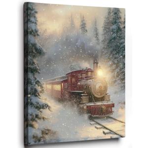 Ebroniah Christmas Train Wall Art, Vintage Winter Snowy Forest Festive Canvas Wall Art Decor for Holiday Living Room, Rustic Farmhouse Prints Framed Artwork for Walls Bedroom Kitchen Home 12x15in