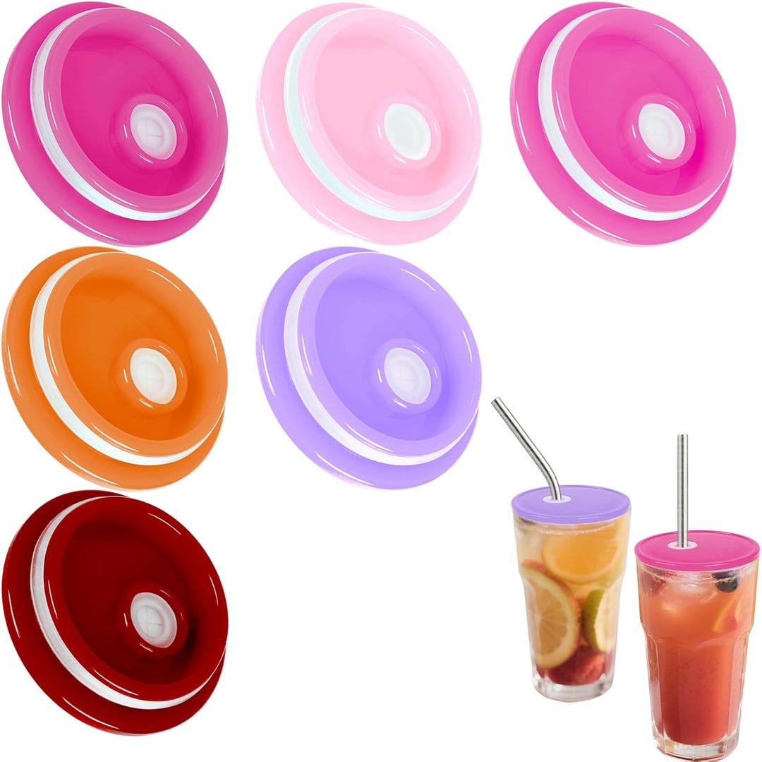 6 Pack Acrylic Lids for 16 oz Glass Cups-2.75 inch/70 mm, Multicolored Soda Can Lids with Straw Hole Fit both 16oz and 20oz Mason Jar,Snow Globe Tumbler Supplies(Pink Color Palette) (Rose+Solid Rose+Pink+Red+Orange+Purple)