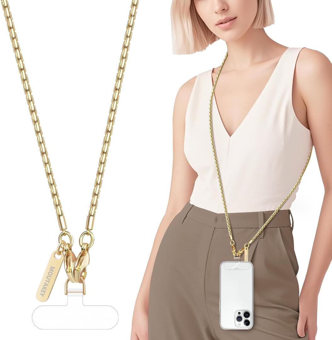 MOUTAKEY Metal Cell Phone chain Crossbody Phone lanyard with 2 Tether Tabs Detachable iPhone Chain Crossbody Strap,Non-rusting,Solid,iPhone Lanyard for Women Girls Travel Shopping Party Camping