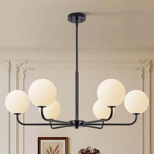 6-Light Mid Century Sputnik Chandelier , 35.4‘’Black Modern Pendant Light with Frosted Globe Shades, Height Adjustable & Fits Flat/Sloped Ceilings for Dining Room Living Room Kitchen Island Foyer