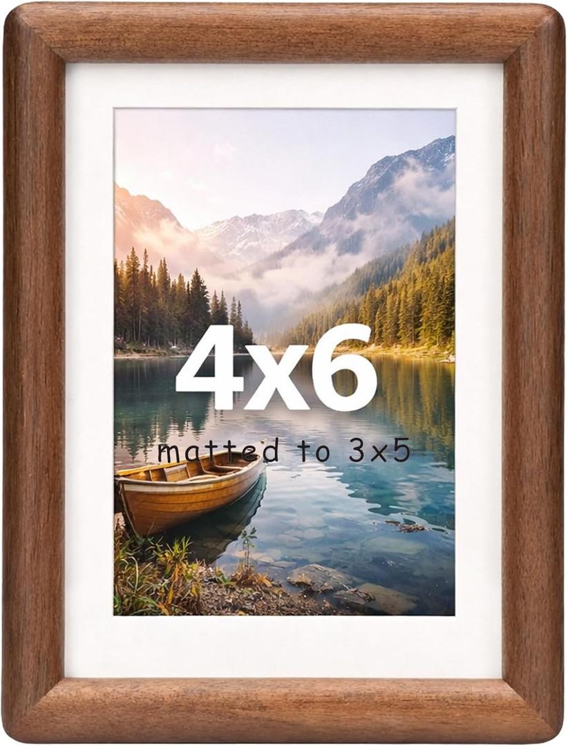 4x6 Picture Frame with Mat for 3x5, Wooden Picture Frames Small Polaroid Picture Frame with Plexiglass, Teak Solid Natural Wood Tiny Photo Frame, For TableTop and Wall Mounting Walnut