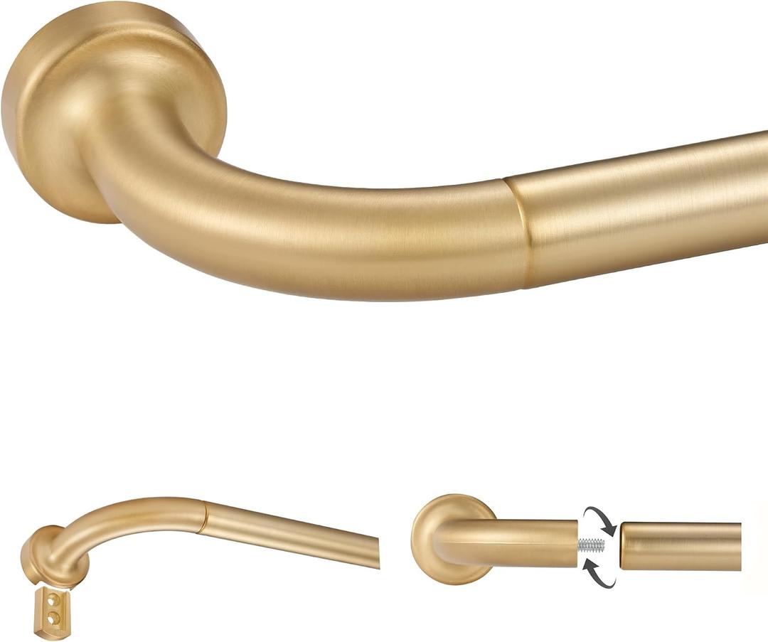 Warm Gold Disc Curtain Rods, 84-144 Inches Window Curtain Rod, Adjustable Room Darkening Drapery Rod with Aluminum Finials and Brackets, Wrap Around Design