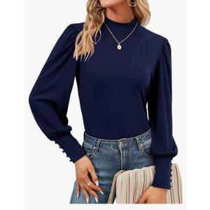 Qirno Womens Mock Neck Puff Long Sleeve Tops Casual Loose Solid Basic T Shirt Button Cuffs Pullovers Shirts Blouse