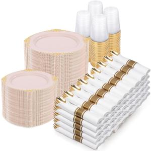 Nervure 700PCS Pink Gold Plastic Plates - Pink Plastic Dinnerware Sets for 100 Guests - 200 Disposable Plates, 300 Silverware, 100 Cups, 100 Napkins for Wedding, Party