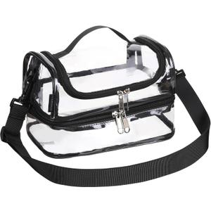 Transparent Plastic Double Clear Lunch Box top handle with adjustable-strap Tote bag for Work School Stadium Concert see through, Black