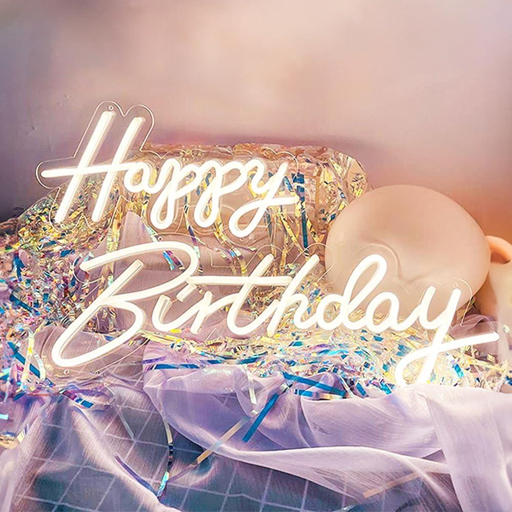 Happy Birthday Neon Sign,23x8 &16.5x8 Inch,Large Happy Birthday Light up Sign for Backdrop,10 Levels Adjustable Brightness Reusable Happy Birthday Sign for Birthday Party Decoration, (Warm White)