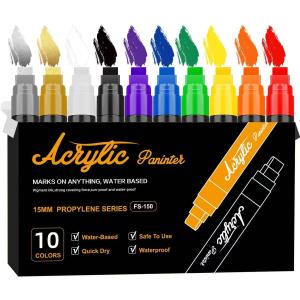 Acrylic Paint Markers, 15mm Jumbo Felt Tip, 10 Colored Waterproof and Permanent Paint Pens for Tagging, Signs, Calligraphy, and Outdoor Paintings