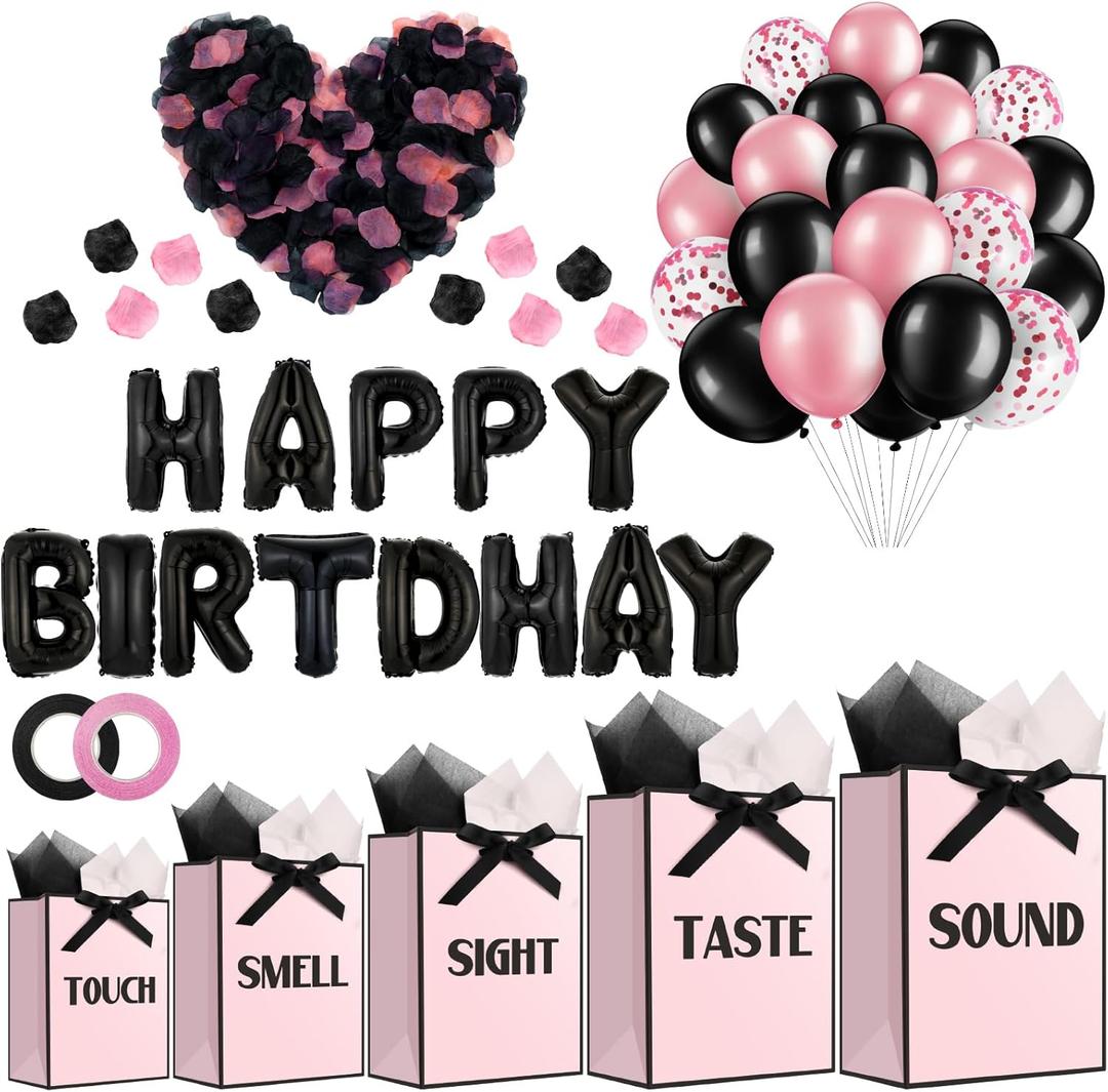 Ctosree 5 Senses Gift Bags for Her Him Black and Pink Birthday Decorations Kit Includes Five Senses Gift Bags, Happy Birthday Balloons, Tissue Paper and Petals for Anniversary Wedding Party Favors