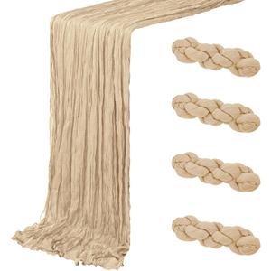 4 Pack Beige Cheesecloth Table Runner 20 x 120 inch Gauze Table Runners 10 FT Long,Semi Sheer Boho Cheese Cloth Fabric Table Runner Bulk for Party,Wedding,Baby Shower,Bridal Shower Decoration
