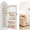 SONGMICS Wide Jewelry Organizer, LED Jewelry Cabinet Wall/Door Mounted, Arched Mirror with Storage, Lockable, Rounded Corner, Interior Mirror, 3.9 x 16.5 x 42.5 Inches, Cloud White UJJC020W01