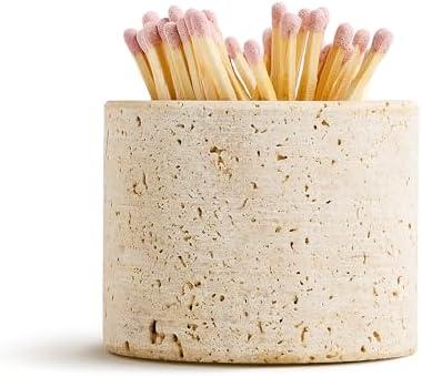 WORHE Travertine Stone Match Holder with Striker & Extra Striker Pad - 2.6" x 2" Decorative Matchstick Organizer for Fireplace, Candles, Parlor Cute Match Jar for Home Decor Gift, Matches Not Included