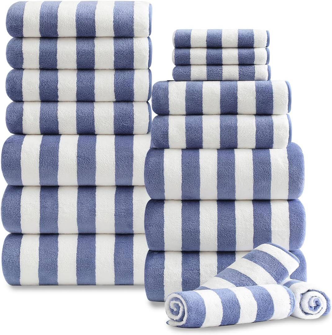 18 Pcs Blue White Stripe Family Towels Set with Hanging Loop-6 Bath Sheets,6 Hand Towels,6 Washcloths Ultra Soft Bathroom Towel Highly Absorbent Quick Dry Shower Towel for Beach Chair,Spa,Gym,Hotel