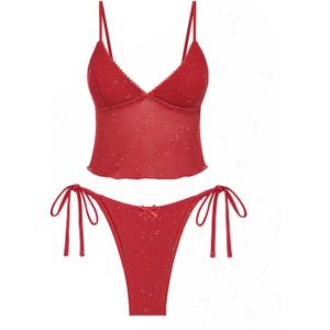 seamoly Colorblock Stripes Tie Side Tankini Set (X-Large, Red)