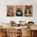 3Pcs Japanese Black Cat Eating Ramen Canvas Wall Art Funny Cats and Frog Painting Picture Wall Decor Vintage Cute Tokyo Kitchen Poster Print Artwork for Living Room Kitchen Dining Room Home Decoration 16x24in