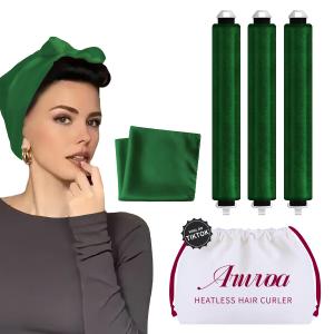Heatless Hair Curler Heatless Curls Overnight Heatless Blowout with Luxury Cloth Bag Silk Scarf, Curling Rod Headband to Sleep in No Heat Curling with (Green, 3Rods) (1 Count (Pack of 3))