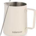 Milk Frothing Pitcher, 350ml/12oz Steaming Pitchers Stainless Steel Milk Coffee Cappuccino Latte Art Barista Steam Pitchers Milk Jug Cup with Decorating Art Pen, Matte White