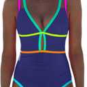 Popvil Women One Piece Swimsuit 2026 Tummy Control Sexy Cutout Neon Color Block Bathing Suit Slimming Adjustable Swimwear, Size XL (Dark Blue)