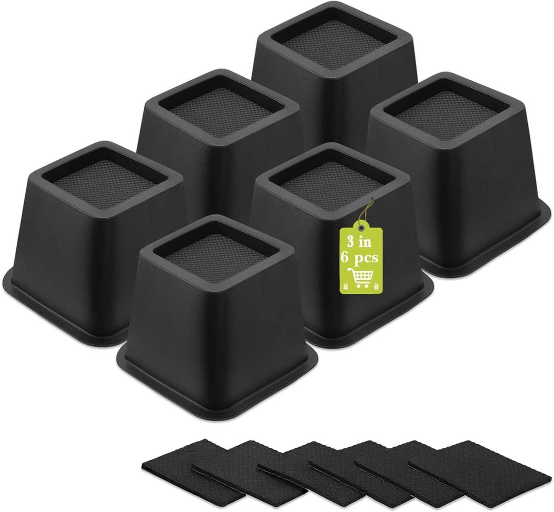 6 Pack Furniture Risers 3 Inch, Bed Risers Heavy Duty for Table Desk Couch Chair Sofa Cabinet Bed Frame Dorm, Square Table Leg Risers Lift Height 3", Black