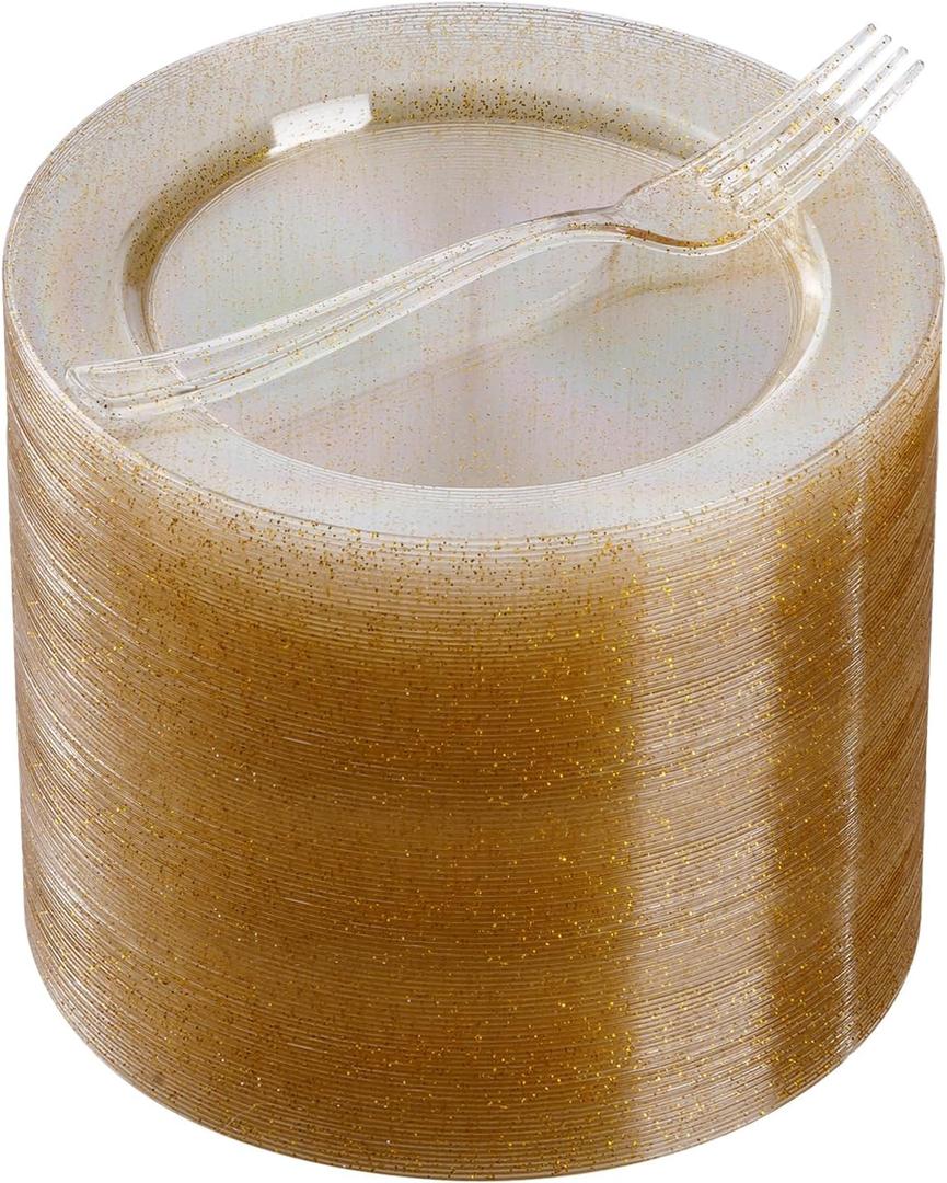 Goodluck 240PCS Gold Glitter Plates With Forks for 120 Guests - Heavy Duty Disposable 7" Plates and 7.4" Forks for Party and Dessert