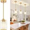 3 Pack Brushed Brass Pendant Lights Kitchen Island, Modern Crystal Pendant Lighting Over Island Kitchen Hanging Light Fixtures Adjustable Pendant Light for Dining Room Bathroom Entryway Hallway Foyer