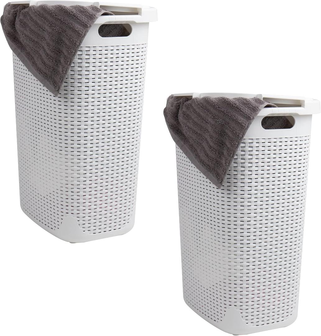 Mind Reader Slim Laundry Hamper with Lid, 60L Tall Clothes Basket, Narrow Tapered Design for Bathrooms, Closets and Laundry Rooms, Plastic, 2 Pack, White